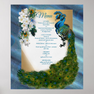 Gold, Peacock Feathers on Emerald Green Silk Poster