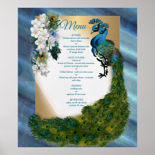 Gold Peacock Feathers on Emerald Green Silk Poster