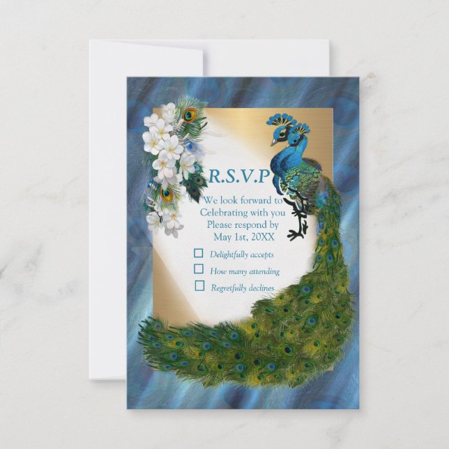 Gold, Peacock Feathers on Emerald Green Silk RSVP Card (Front)