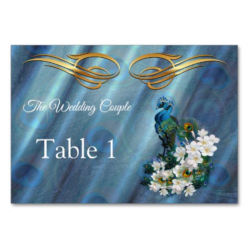 Gold Peacock Feathers on Emerald Green Silk Table Number