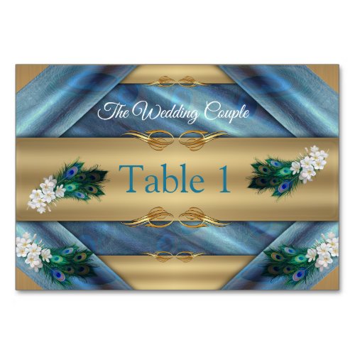 Gold Peacock Feathers on Emerald Green Silk Table Number