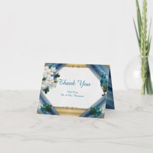 Gold, Peacock Feathers on Emerald Green Silk Thank You Card