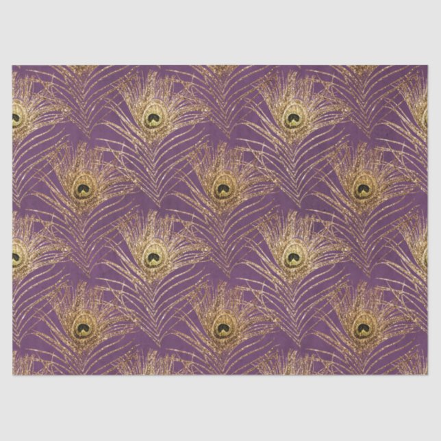 Gold Peacock Feathers on Purple Decoupage Tissue Paper (Front)