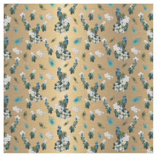 Gold - Peacock Feathers Running Print Fabric