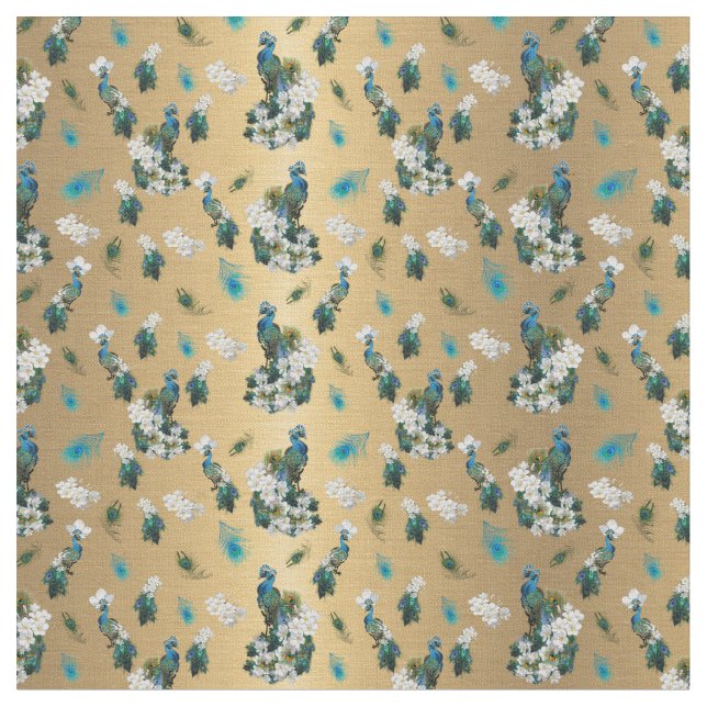 Gold - Peacock Feathers Running Print Fabric (Close Up)