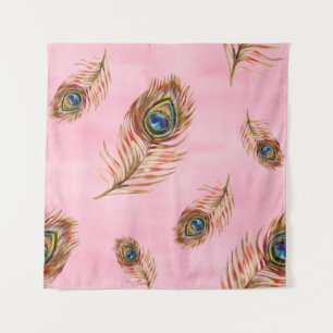 Gold peacock feathers, watercolor seamless pattern tapestry