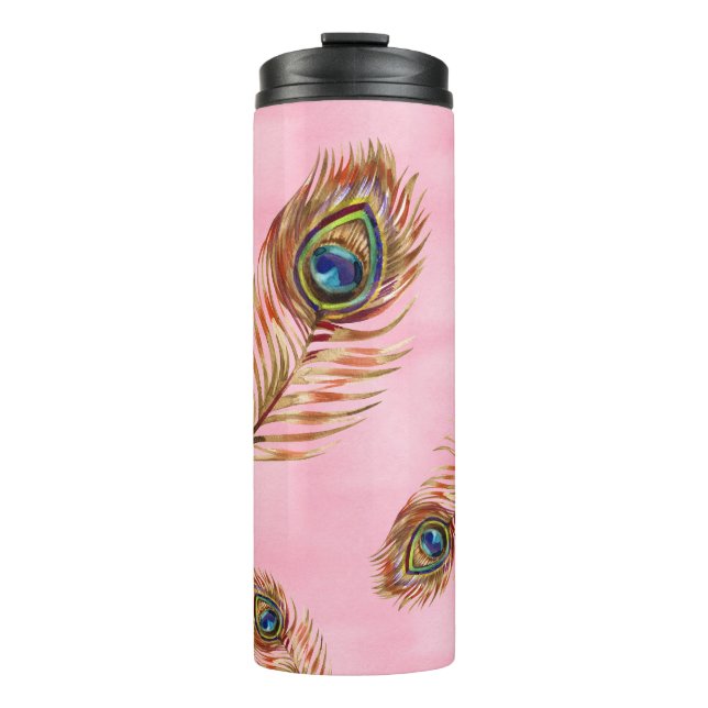 Gold peacock feathers, watercolor seamless pattern thermal tumbler (Front)
