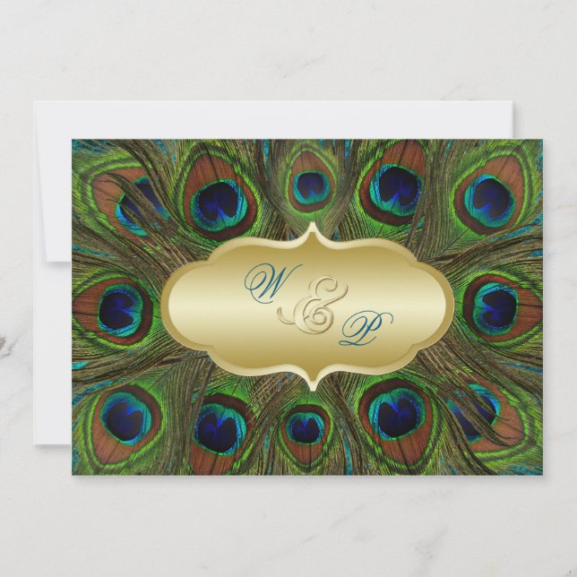 Gold Peacock Feathers Wedding Invitation (Front)