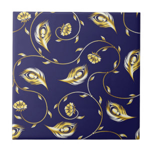 Gold,peacock,floral,pattern,on black,chic,elegant, ceramic tile