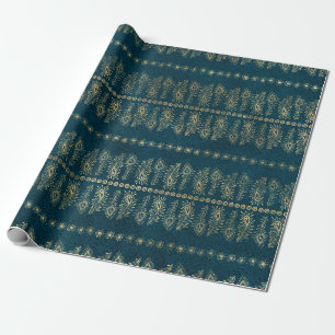 Gold Peacock Flowers on Teal Wrapping Paper