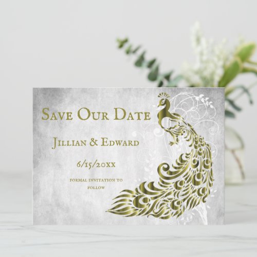 Gold Peacock Leaf Vine Save The Date Announcement
