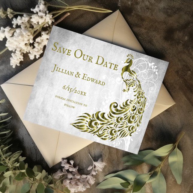 Gold Peacock Leaf Vine Save The Date Announcement (Gold Peacock Leaf Vine Save the Date)