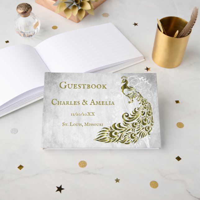Gold Peacock Leafy Vine Wedding Guestbook (Front Open)