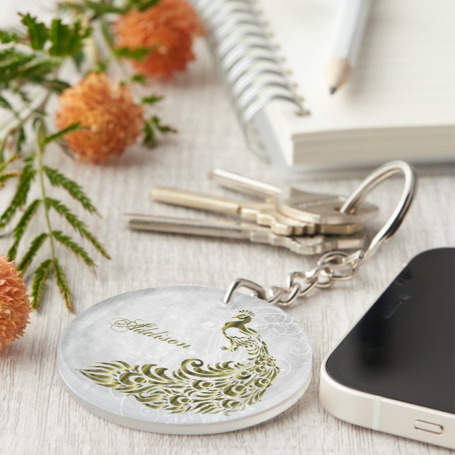 Gold Peacock Personalized Acrylic Keychain (Front Right)