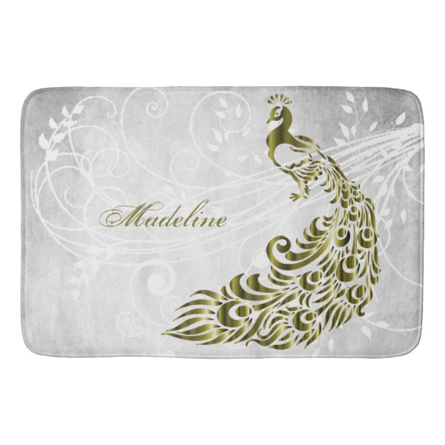 Gold Peacock Personalized Bath Mat (Front)