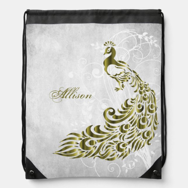 Gold Peacock Personalized Drawstring Backpack (Front)