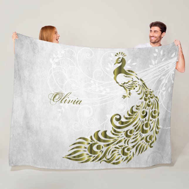 Gold Peacock Personalized Fleece Blanket (In Situ)