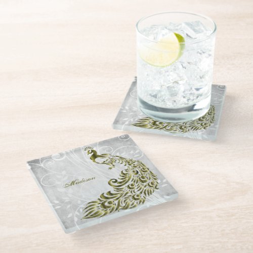Gold Peacock Personalized Glass Coaster