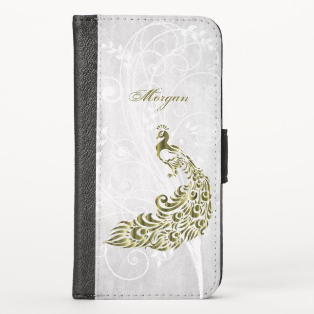 Gold Peacock Personalized iPhone Wallet Case (Front)