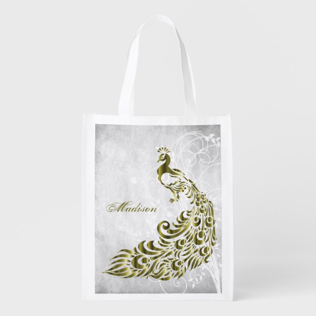 Gold Peacock Personalized Reusable Grocery Bag (Front)