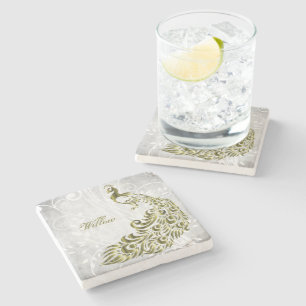 Gold Peacock Personalized Stone Coaster