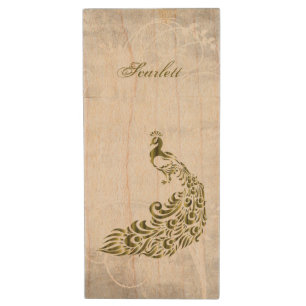Gold Peacock Personalized USB Wooden Flash Drive
