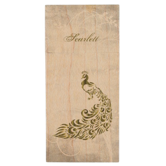 Gold Peacock Personalized USB Wooden Flash Drive (Front Vertical)