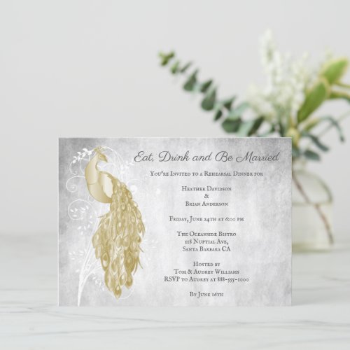 Gold Peacock Rehearsal Dinner Invitation