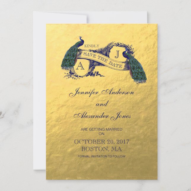 Gold Peacock Save the Date Card (Front)