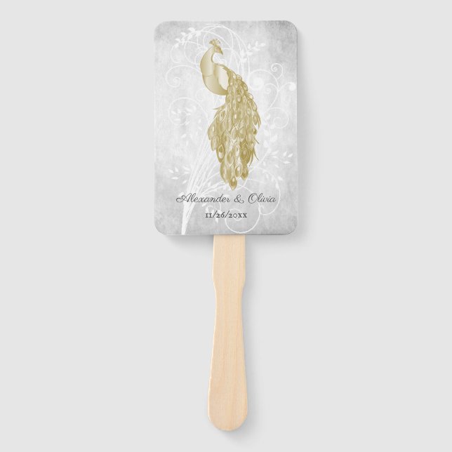 Gold Peacock Wedding Favor Hand Fan (Front)