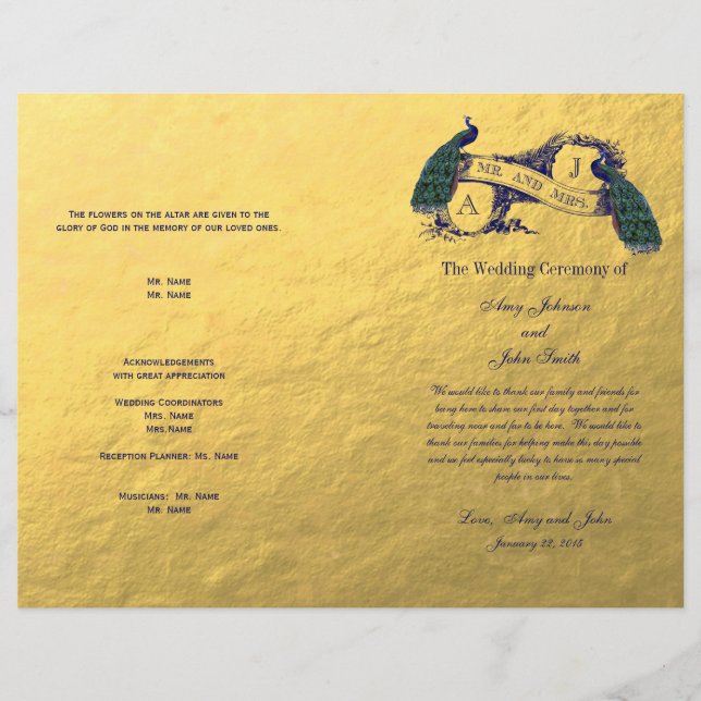 Gold Peacock Wedding Program (Front)