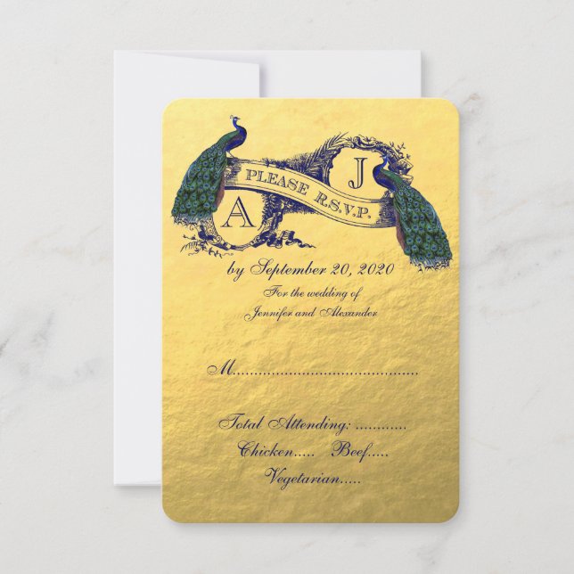 Gold Peacock Wedding RSVP Card (Front)