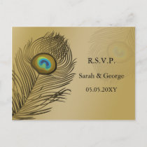 gold peacock wedding  rsvp invitation postcard
