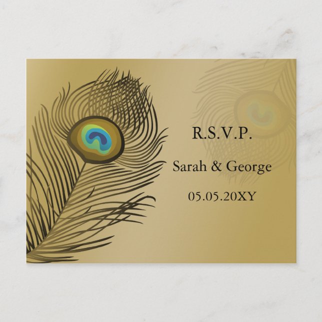 gold peacock wedding  rsvp invitation postcard (Front)