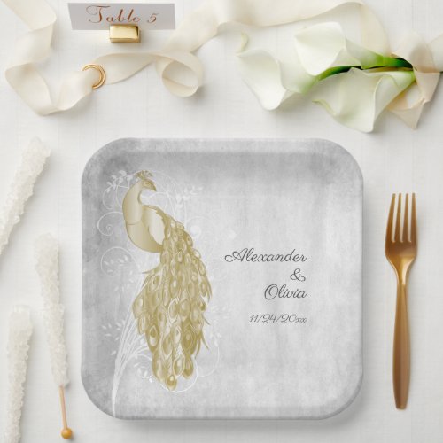 Gold Peacock Wedding Shower Paper Plates