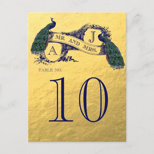 Gold Peacock Wedding Table Number (Front)