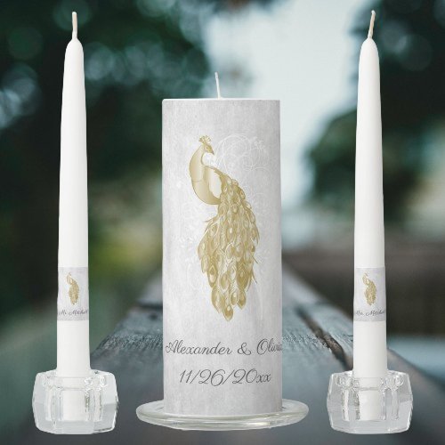 Gold Peacock Wedding Unity Candle Set