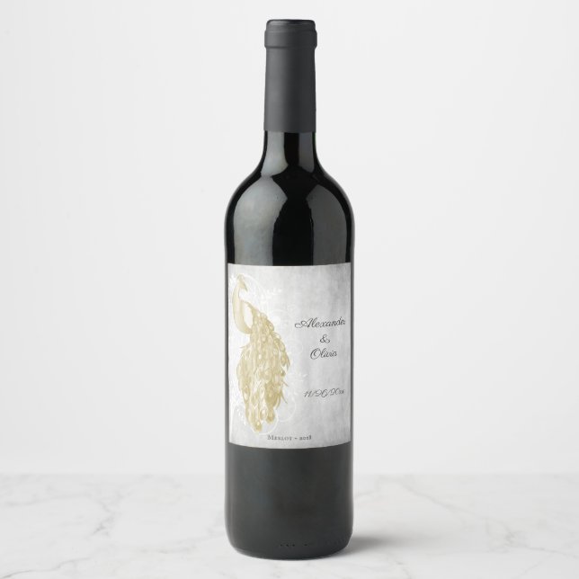 Gold Peacock Wedding Wine Label (Front)