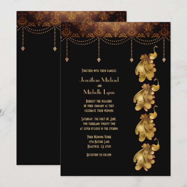 Gold Peacocks, Ancient Egyptian, Art Deco Wedding Invitation (Front/Back)