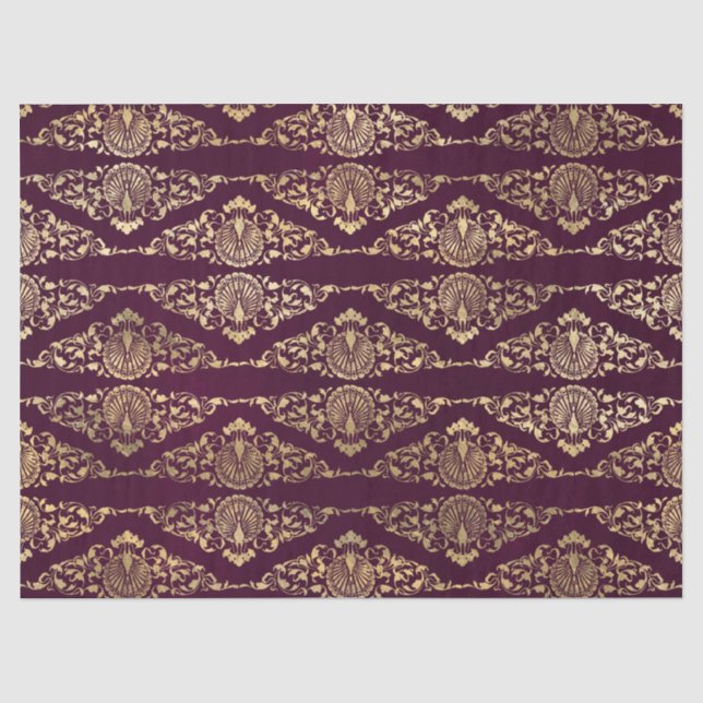 Gold Peacocks and Filigree on Burgundy Decoupage Tissue Paper (Front)
