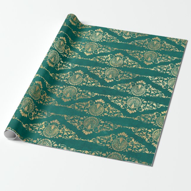 Gold Peacocks and Filigree on Green Wrapping Paper (Unrolled)