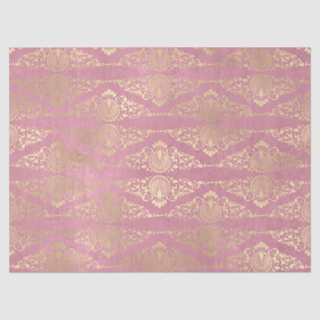 Gold Peacocks and Filigree on Pink Decoupage Tissue Paper (Front)