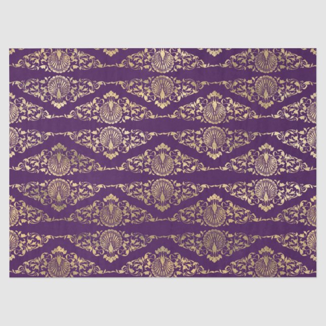 Gold Peacocks and Filigree on Purple Decoupage Tissue Paper (Front)