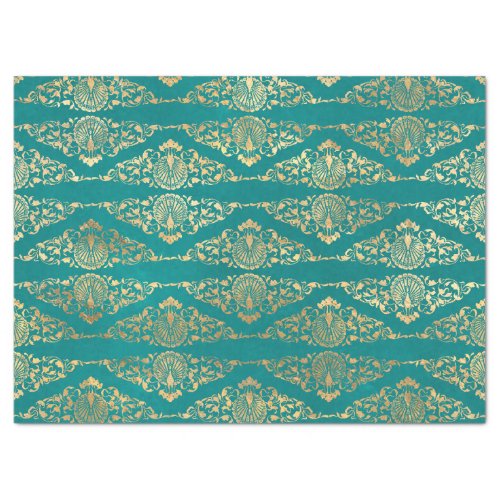 Gold Peacocks and Filigree on Teal Decoupage Tissue Paper