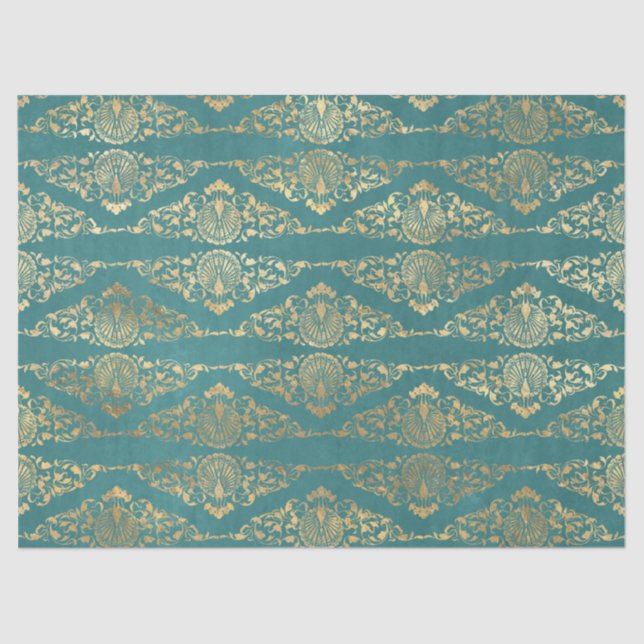 Gold Peacocks and Filigree on Teal Decoupage Tissue Paper (Front)
