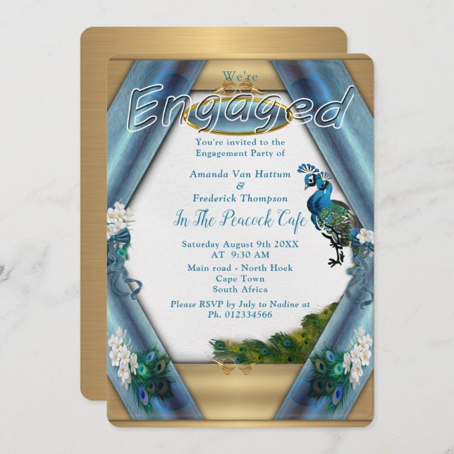 Gold, Peacocks, Feathers & Emerald Green Silk Invitation (Front/Back)