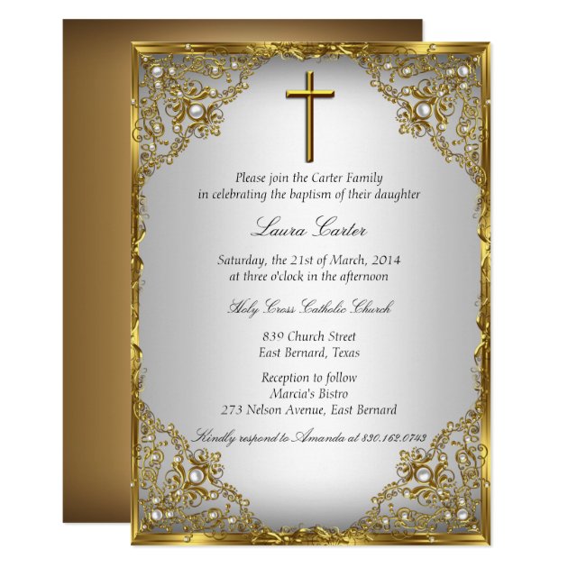 Gold Pearl Damask & Cross Baptism/Christening Invitation