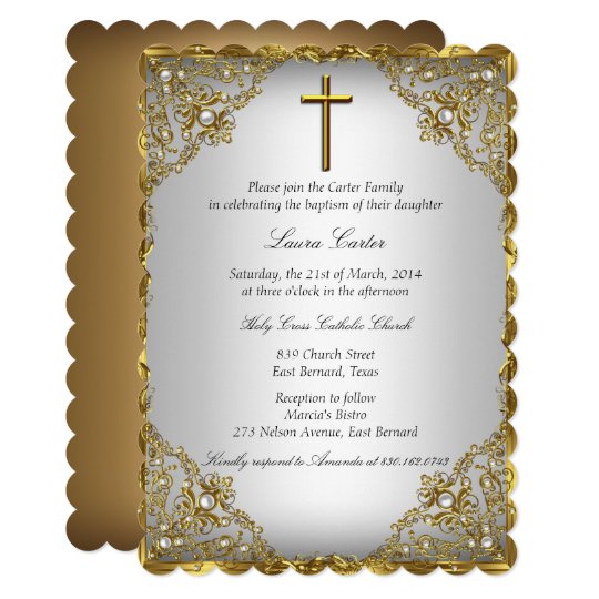 Gold Pearl Damask & Cross Baptism/Christening Invitation | Zazzle.com