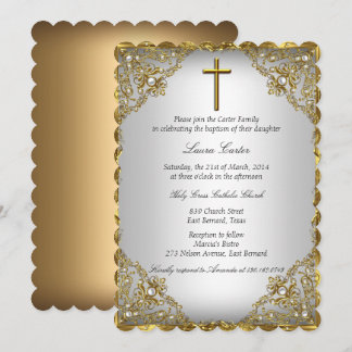 Gold Pearl Damask & Cross Baptism/Christening Invitation