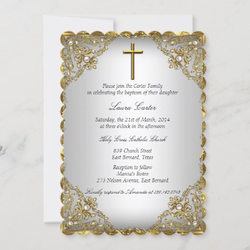 Gold Pearl Damask & Cross Baptism/Christening Invitation | Zazzle